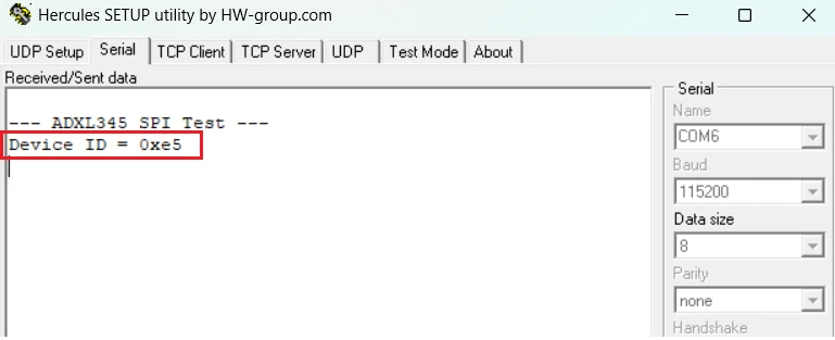 ID from ADXL345 is read by TM4C123 over SPI and then transmitted via UART.