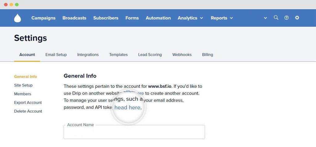 Drip API Token Drip Account Detail Page