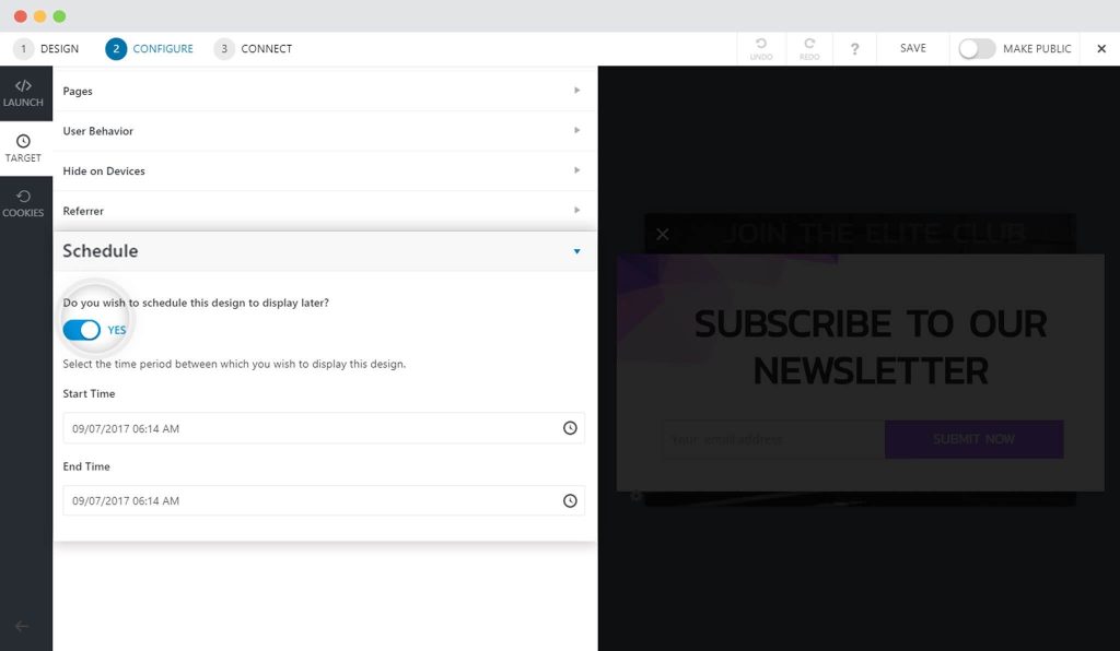 Schedule Your Call-to-action in Convert Pro Enable Scheduling