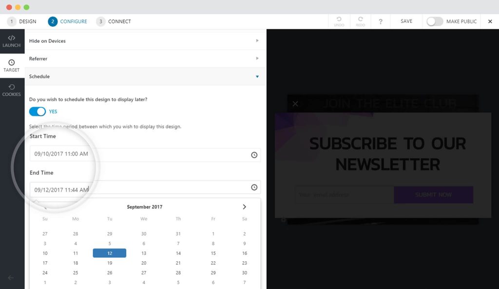 Schedule Your Call-to-action in Convert Pro Enter Start and End Time