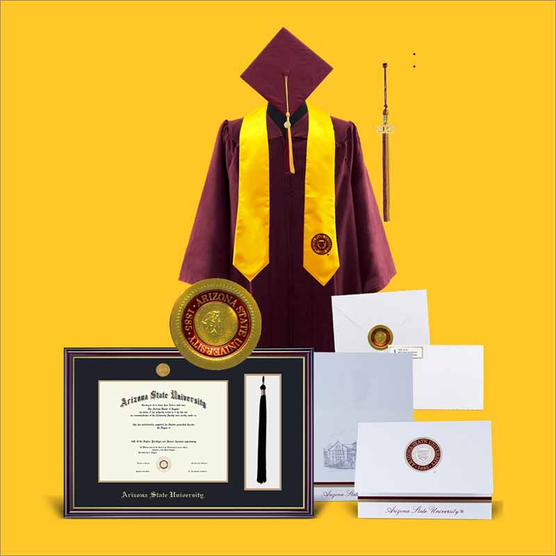 Various types of ASU regalia and related graduation items are displayed together.