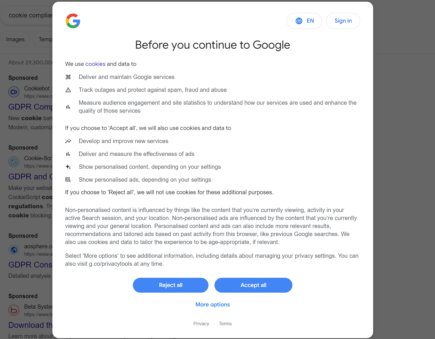 An example of an aggressive cookie banner by Google