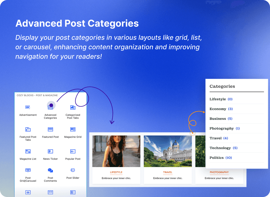 Advanced Gutenberg Blocks and Page Builder for WordPress Full Site Editing - Cozy Blocks 81 Post category block for Gutenberg