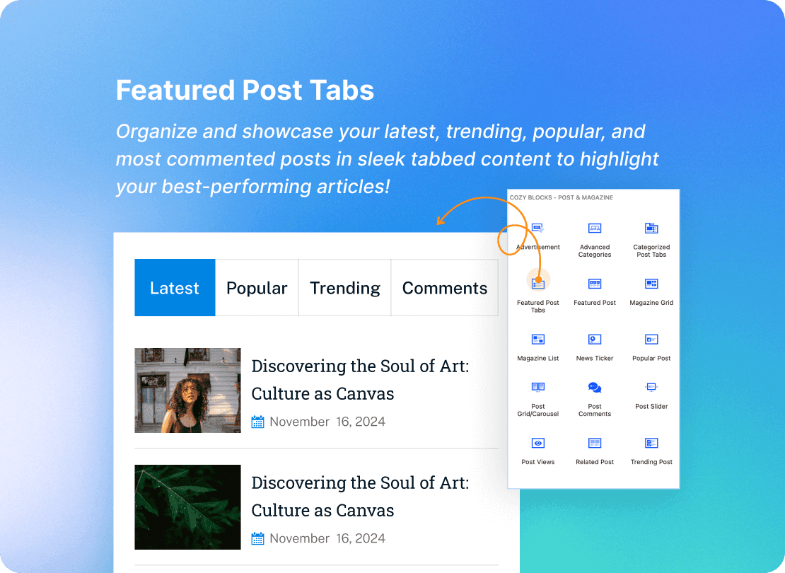Advanced Gutenberg Blocks and Page Builder for WordPress Full Site Editing - Cozy Blocks 77 Featured Post Tabs Gutenberg Block