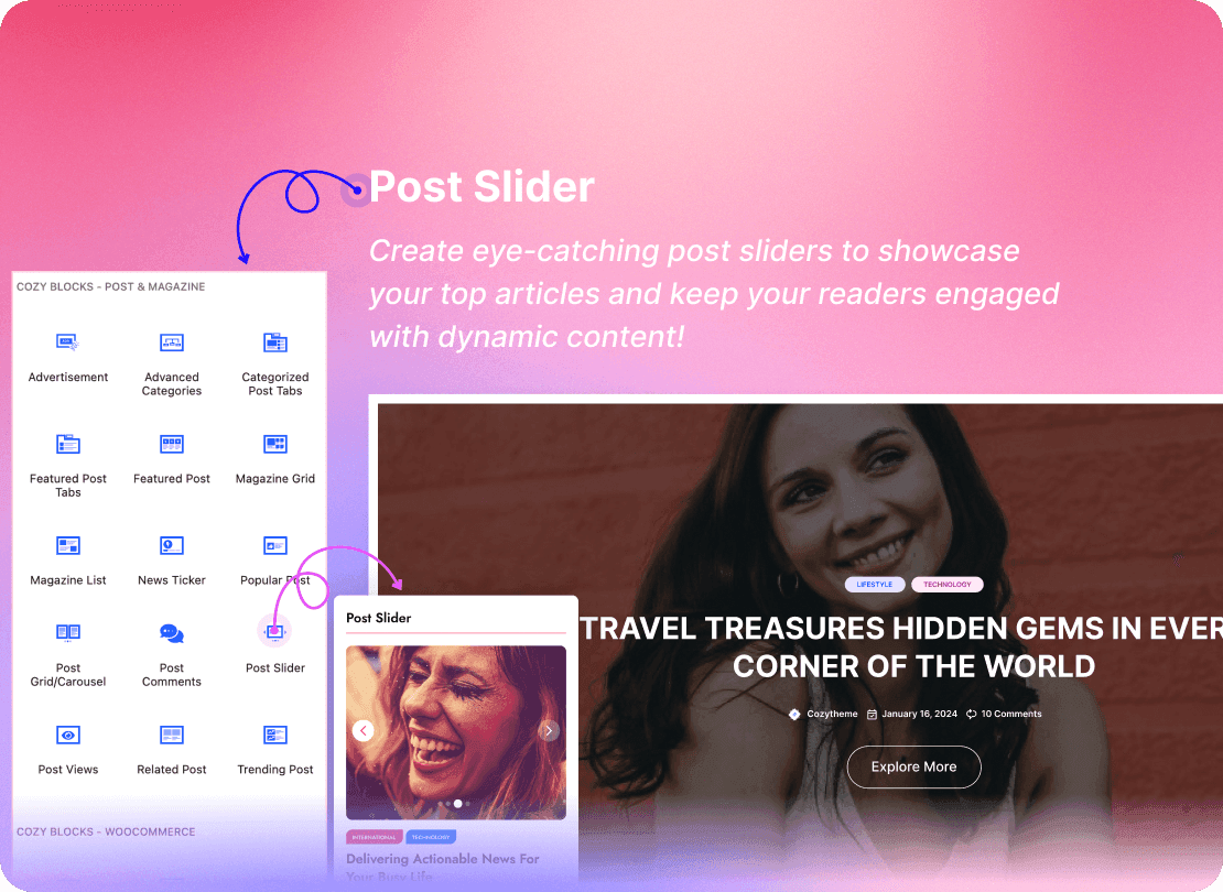 Advanced Gutenberg Blocks and Page Builder for WordPress Full Site Editing - Cozy Blocks 75 Post Slider Gutenberg Block