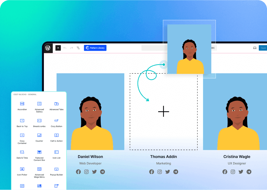 Advanced Gutenberg Blocks and Page Builder for WordPress Full Site Editing - Cozy Blocks 65 Team blocks for Gutenberg
