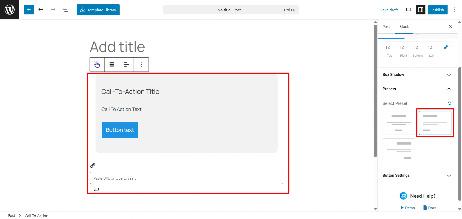 Call to action preset selected