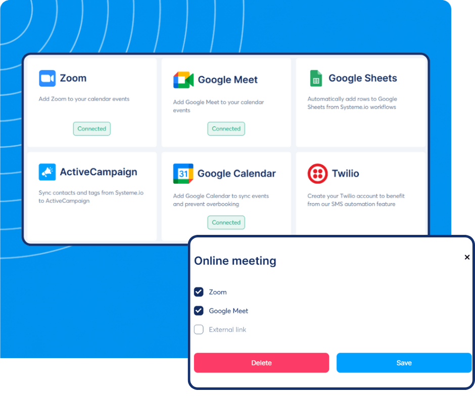 Third-party integrations dashboard in systeme.io showing connections like Zoom, Google Meet, Google Sheets, and Google Calendar with online meeting setup options.
