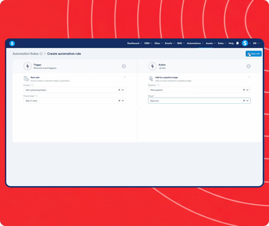 Automation rule setup in systeme.io assigning new sales to a specific CRM pipeline stage for streamlined deal tracking.