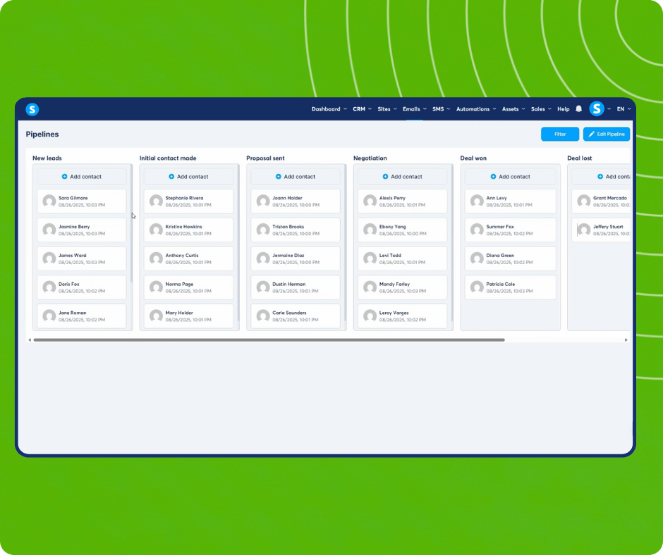 CRM pipeline board in systeme.io showing contacts distributed across stages from new leads to closed deals with drag-and-drop management