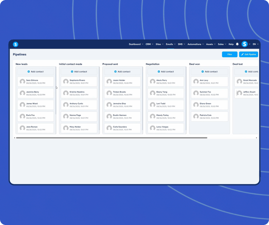 CRM pipeline view in systeme.io displaying leads organized by stages such as new leads, contact made, proposal sent, negotiation, won, and lost deals