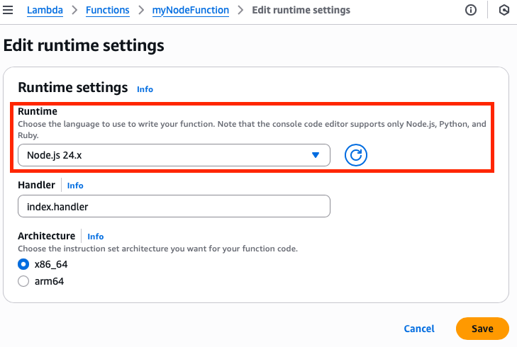 Editing Node.js function runtime