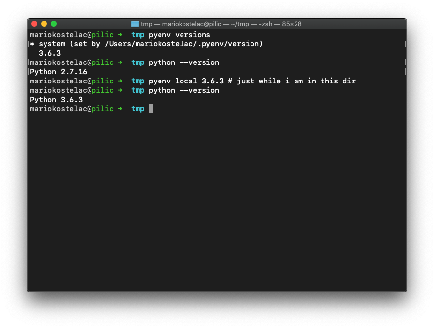Pyenv allows setting the python version for specific directories. That way, you don't have to change it every time you come back to the project.