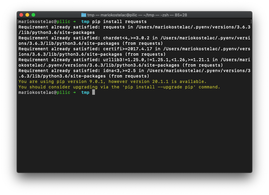Pip just installs the package in whatever _site-packages_ directory active python installation is pointed to. In this case, it's one activated by pyenv - ~/.pyenv/versions/3.6.3/lib/python3.6/site-packages.