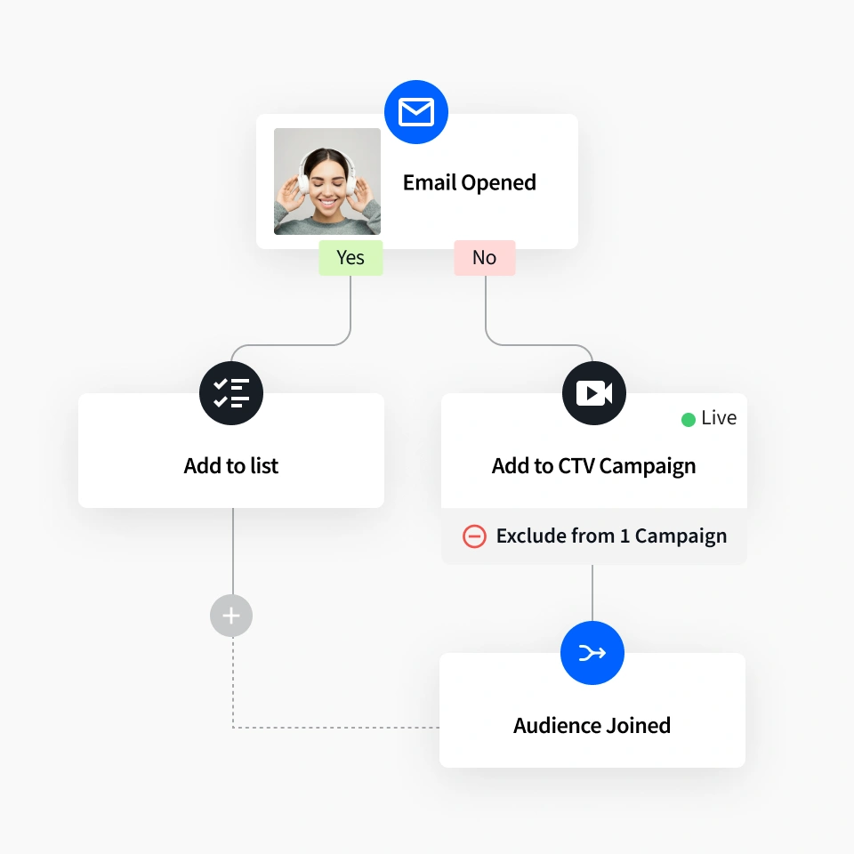A flowchart diagram demonstrating flow logic for a multi-channel campaign that includes email and display ads, triggered by specific user actions