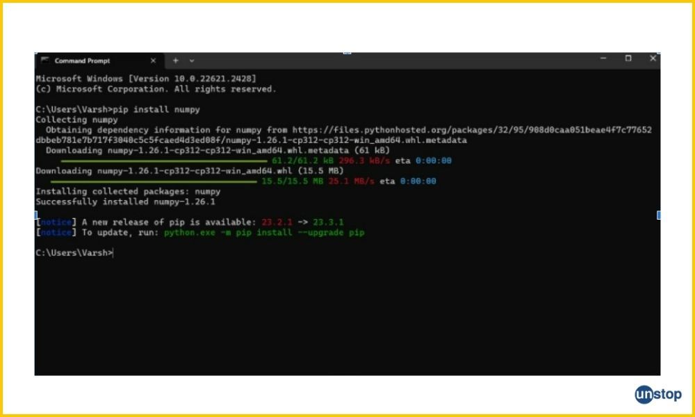 Screenshot of cmd to install numpy, before writing the Hello, World! program in Python.