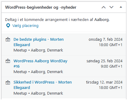 Screenshot fra WordPress kontrolpanel af "WordPress begivenheder og nyheder", der viser kommende og nærmeste Meetups