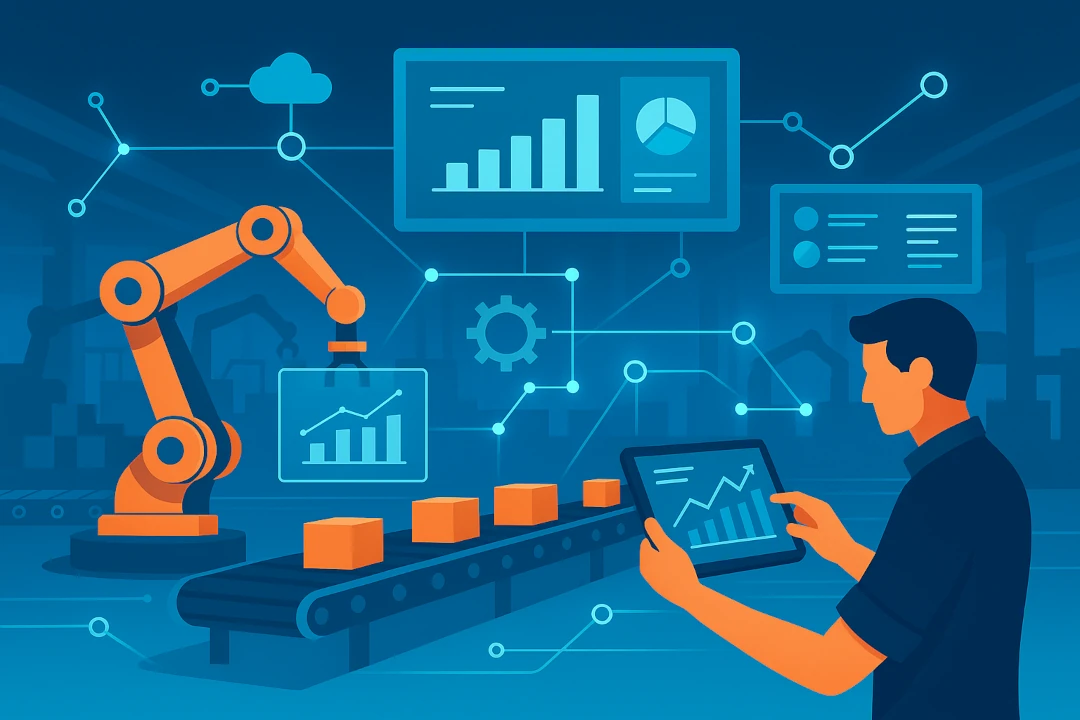 KI-generierte Illustration eines digital vernetzten Shopfloor-Managements: Ein Roboterarm bewegt orangefarbene Kartons auf einem Förderband, während ein Werker mit Tablet daneben steht und per Touchgrafik Produktionsdaten überwacht. Im Hintergrund sind schematische Datenverbindungen und Dashboards mit Balken- und Tortendiagrammen eingeblendet.