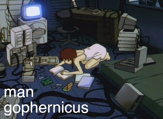 Lain bowing over a manual