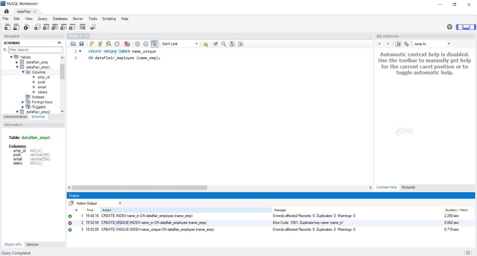create unique index in SQL