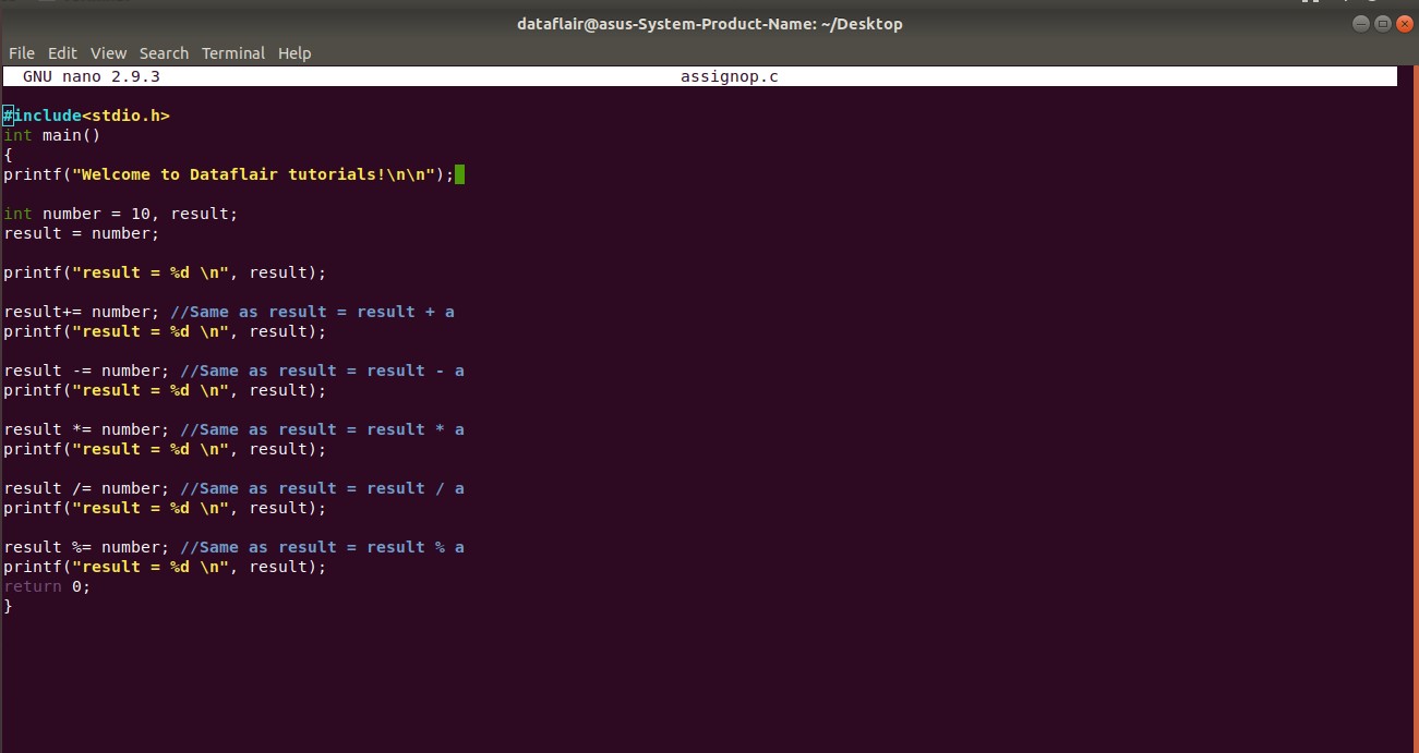 Example of Assignment Operators in C