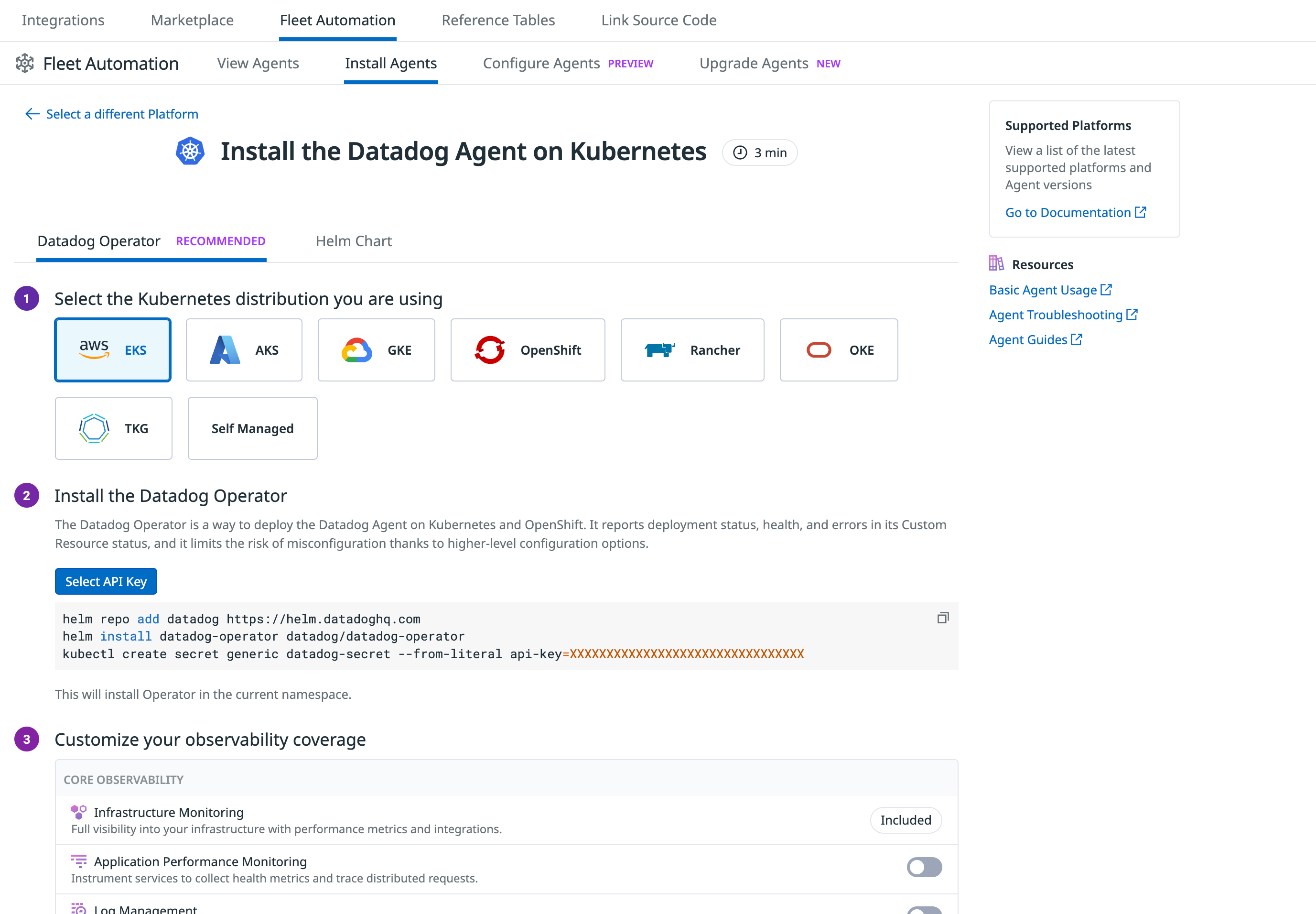 In-app installation steps for the Datadog Agent on Kubernetes.