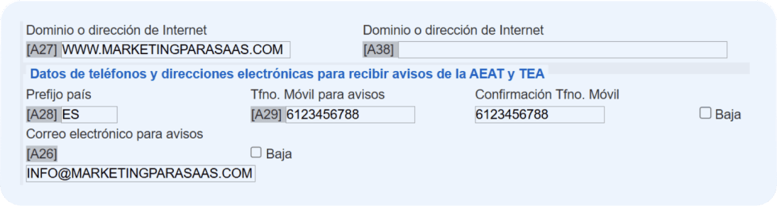 Pantalla del modelo 036: casillas a28, a29 y a26
