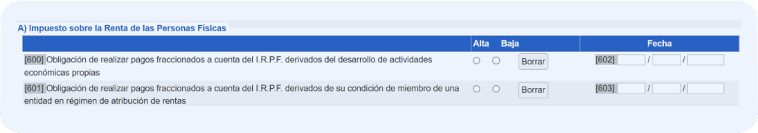Pantalla del modelo 036 donde se muestra la casilla 600 de pagos fraccionados en el IRPF.