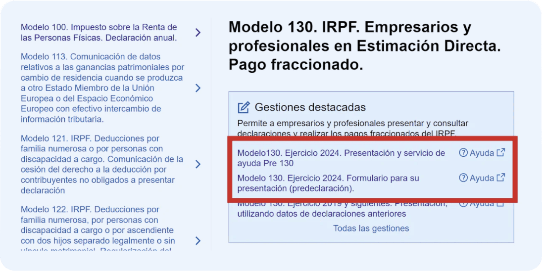 Cómo presentar el modelo 130 en la web de Hacienda: escoger la opción de presentar en la sede electrónica o presentar predeclaración (en pdf)