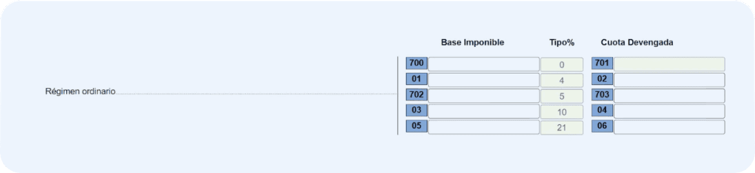 Pantalla del modelo 390 donde el autónomo deberá completar las casillas del régimen ordinario: 01, 02, 03, 04, 05, 06 y 700, 701, 702 y 703.