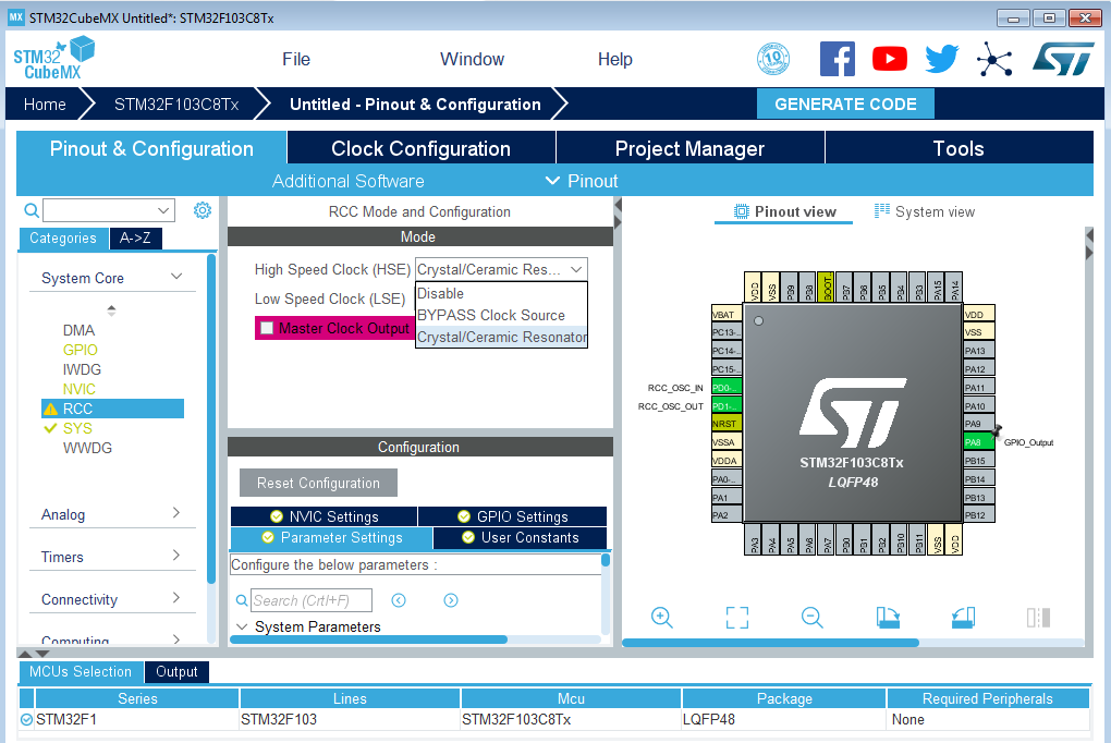 STM32 RCC External Clock Selection CubeMX