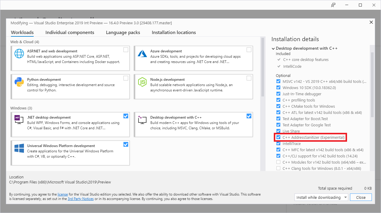 Visual Studio Installer with ASan checkbox
