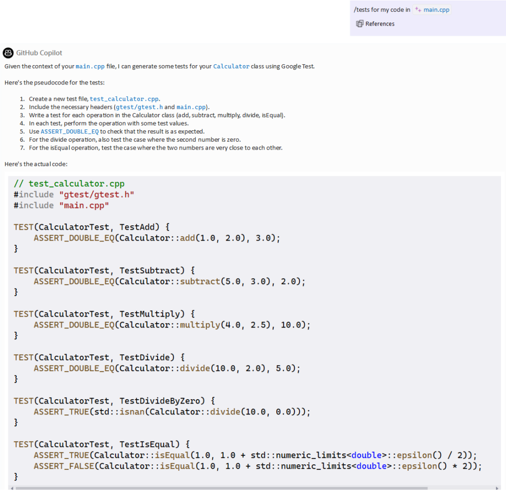 Asking copilot chat to create tests for your code creates GTest unit tests