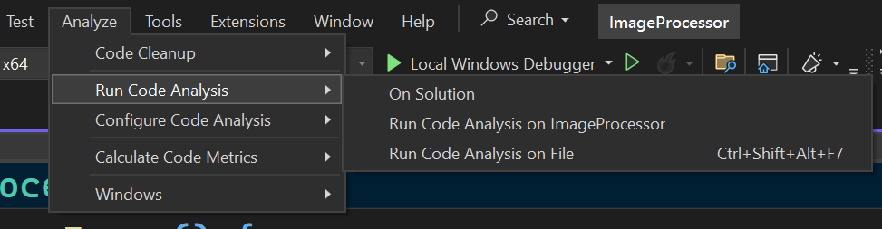 Image showing Code Analysis from Analyze Menu