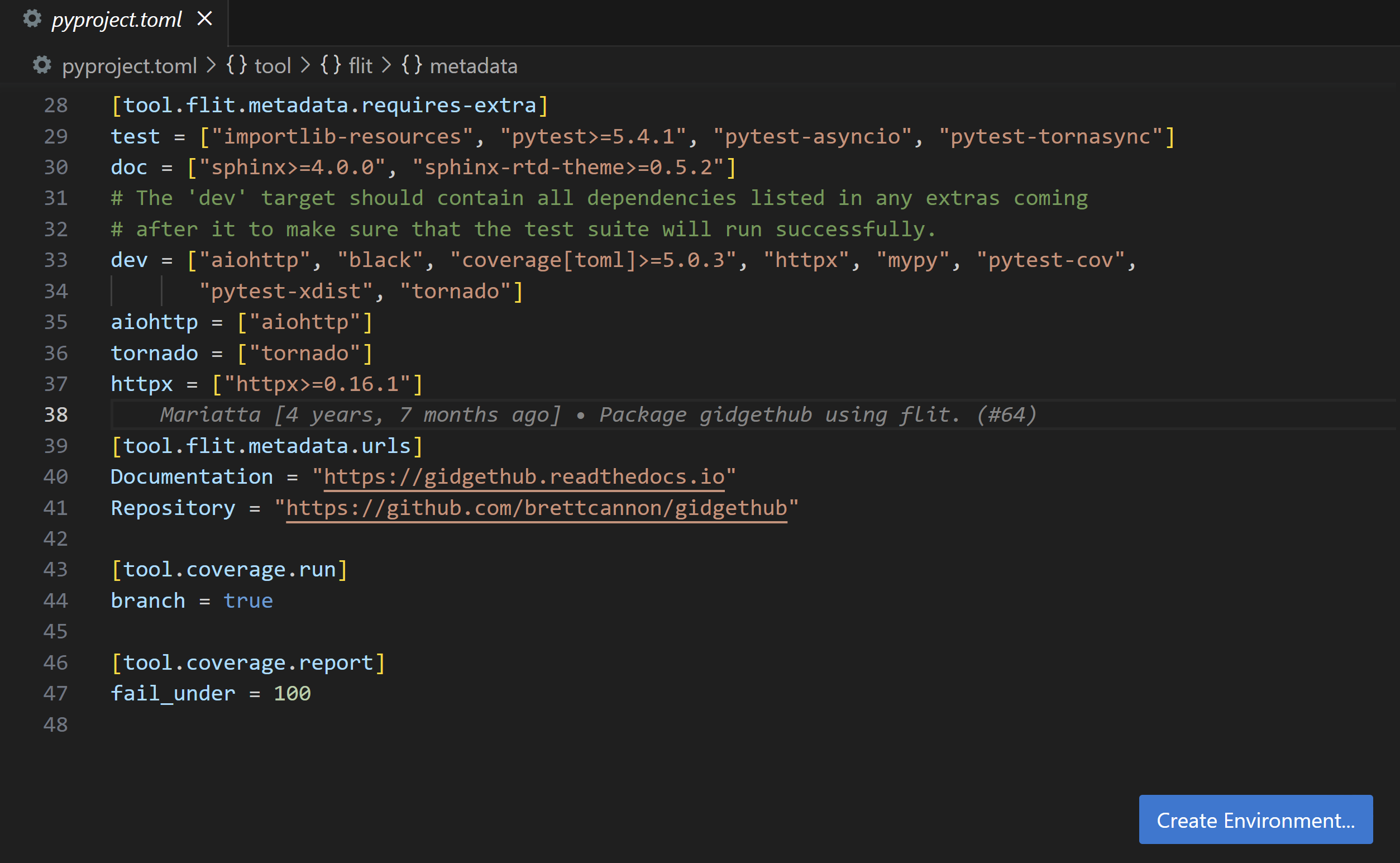 A `pyproject.toml` file open with dependencies listed, and a **Create Environment** button displayed on the bottom right corner for the editor
