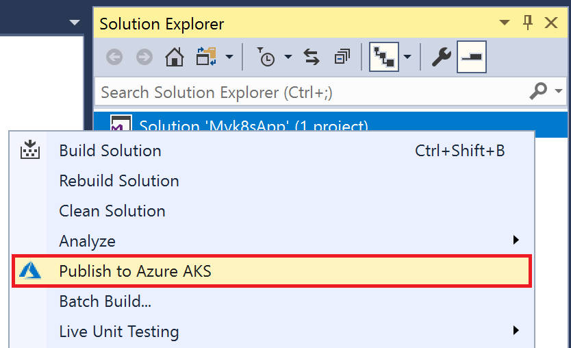 Publish to Azure AKS option in Solution Explorer
