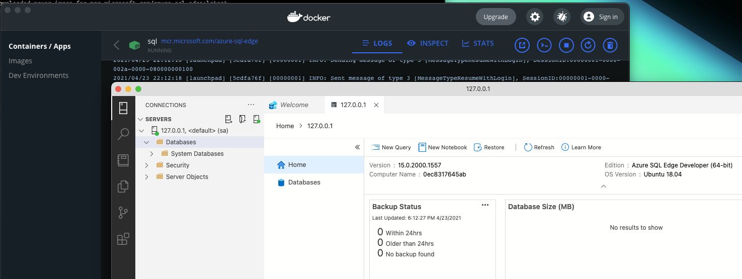Running Azure Data Studio on a M1 Mac Mini connected to local instance of Azure SQL Edge Docker Image