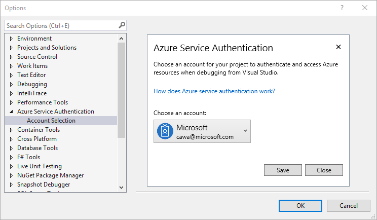 Azure service authentication account selection setting in Tools Options Azure service authentication account selection setting in Tools Options
