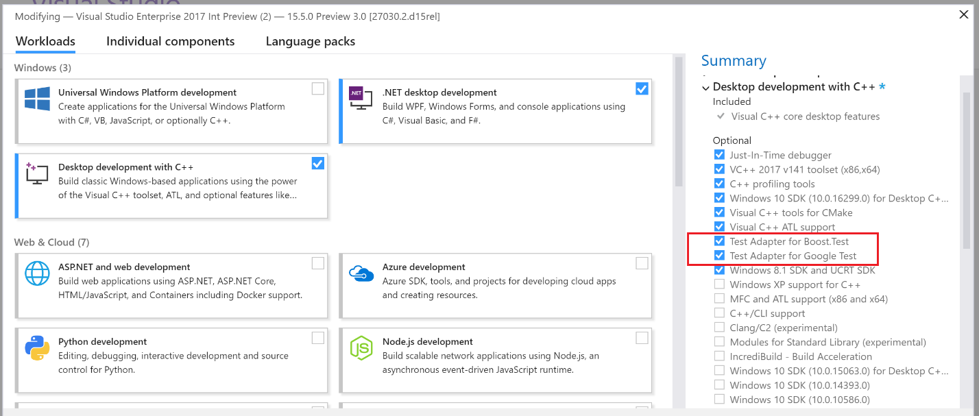 Installer showing VC Testing Improvements workload with default support for Google Test and Boost.Test Installer showing VC Testing Improvements workload with default support for Google Test and Boost.Test
