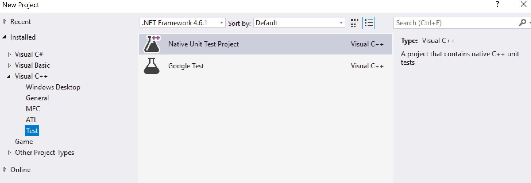 Microsoft Native Test or Google Test project template in the New Project Wizard Microsoft Native Test or Google Test project template in the New Project Wizard