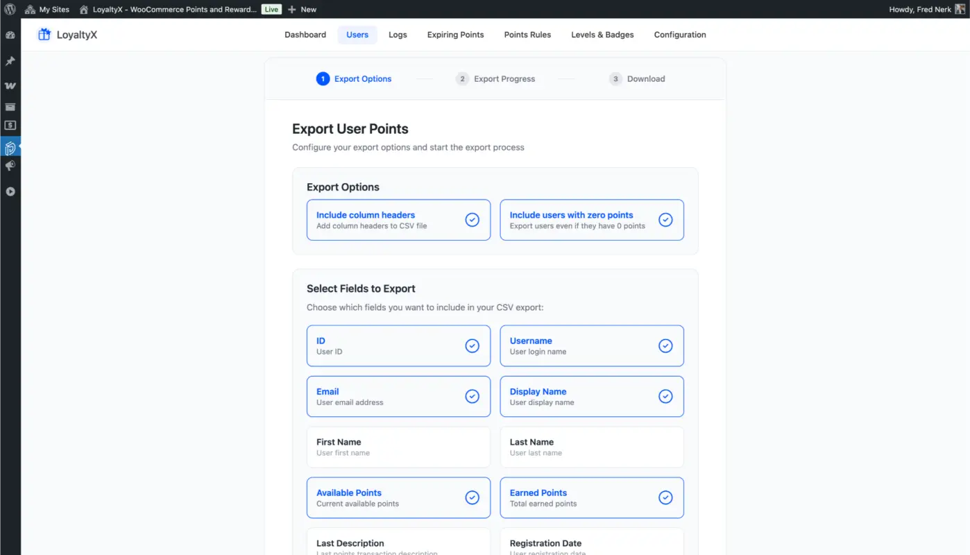 Export User Points Screenshot