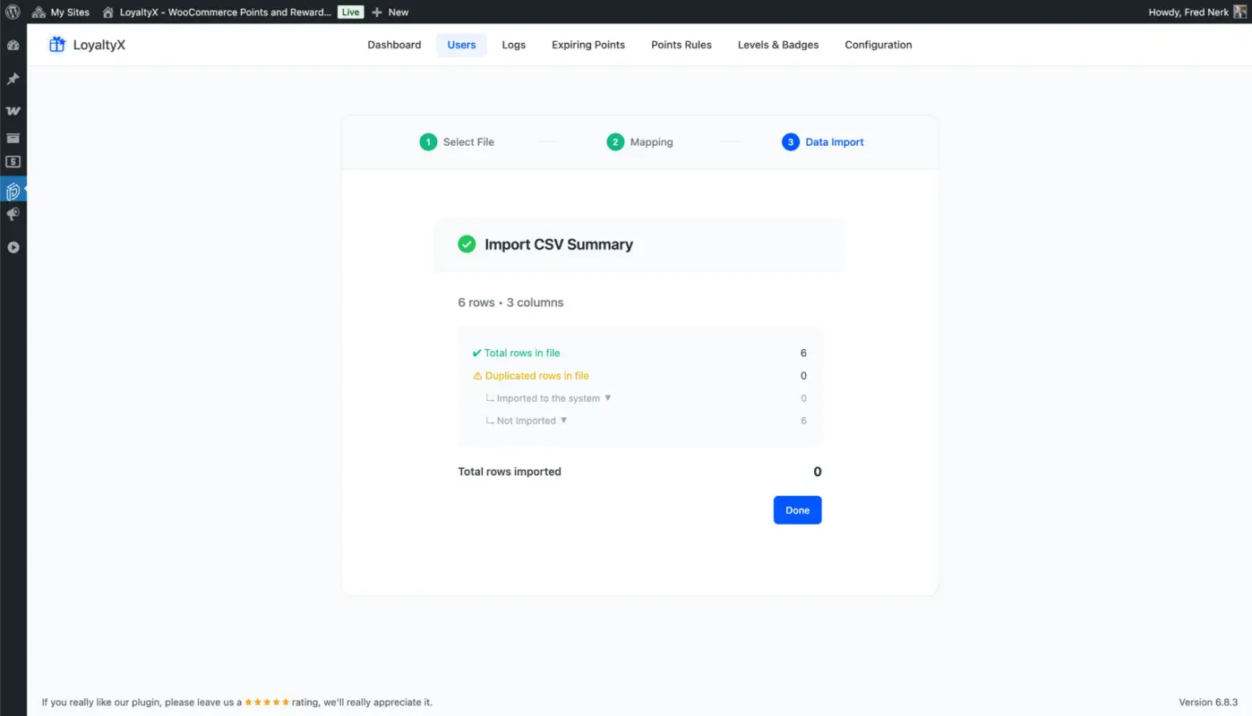 Import User Points Done Screenshot