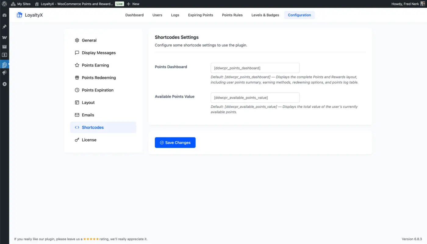 Shortcodes Configuration Screenshot