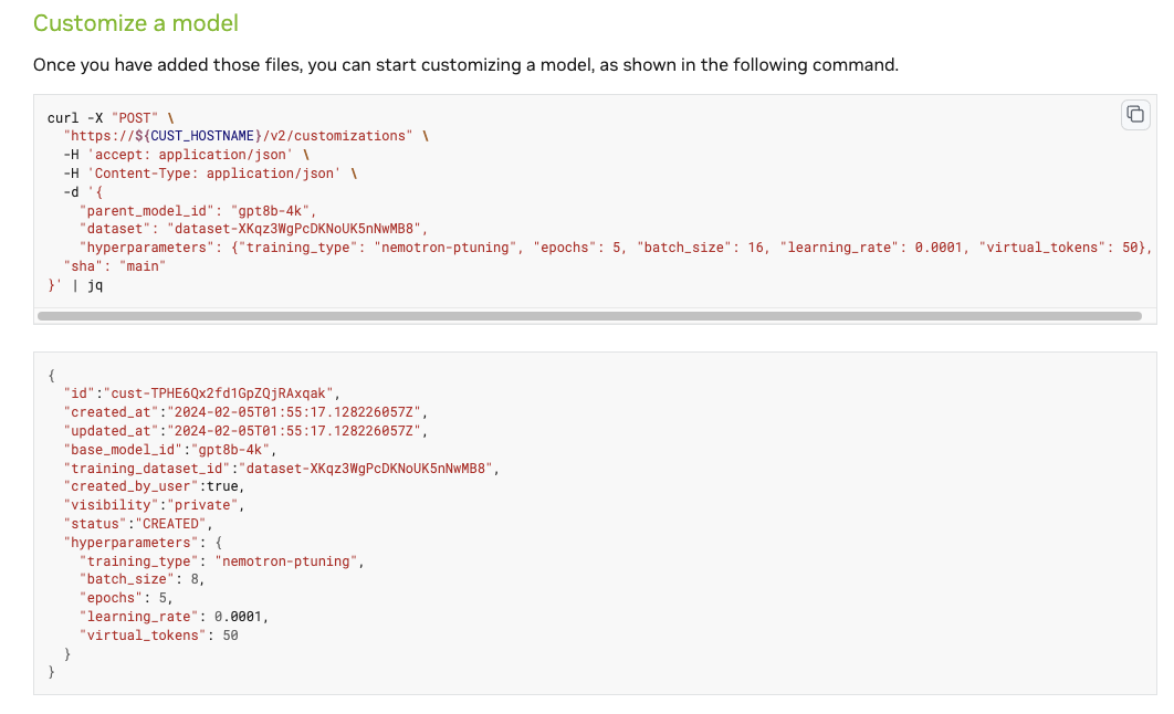 An image of Jupyter Notebook cells demonstrating the customization of a model using the Nemo Customization microservice.
