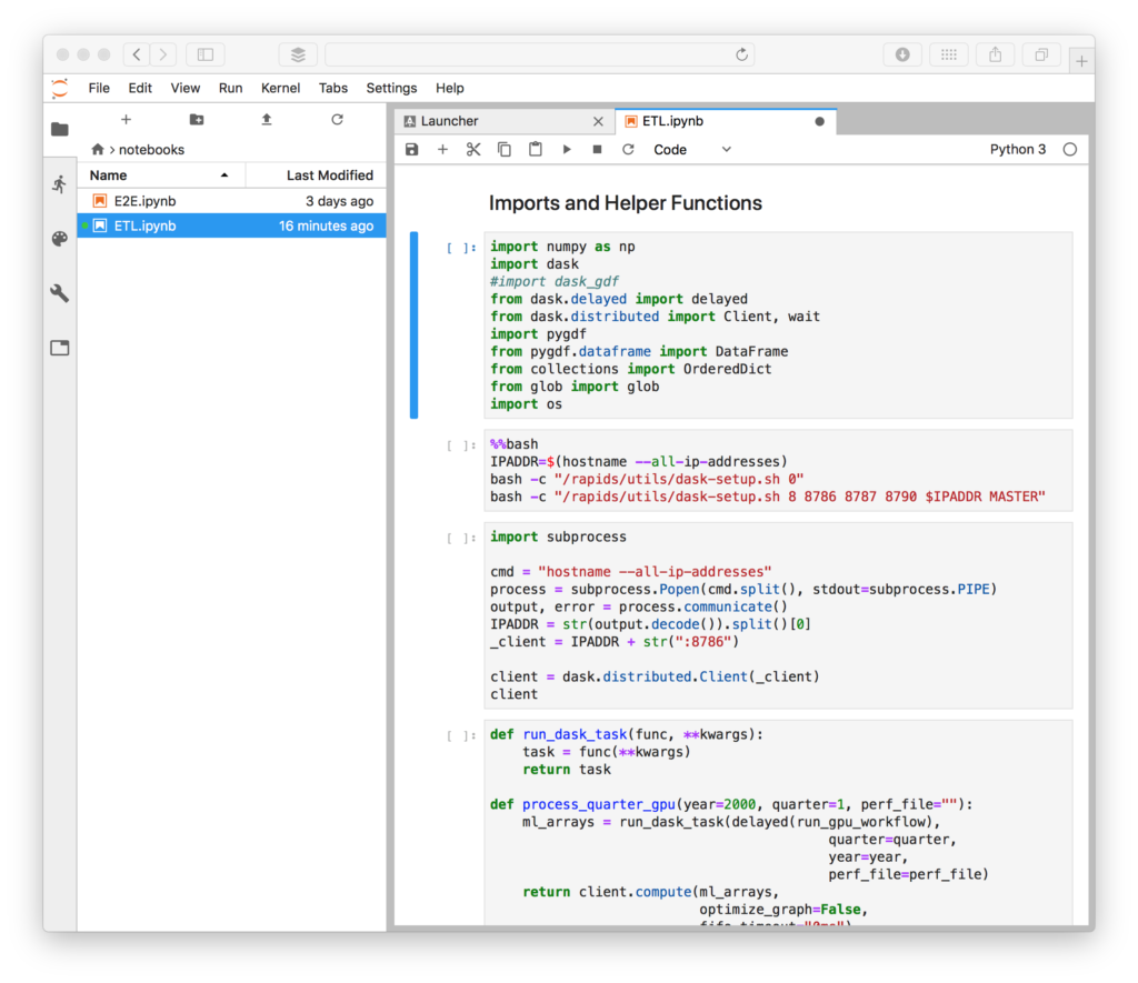 RAPIDS docker container Python notebook example