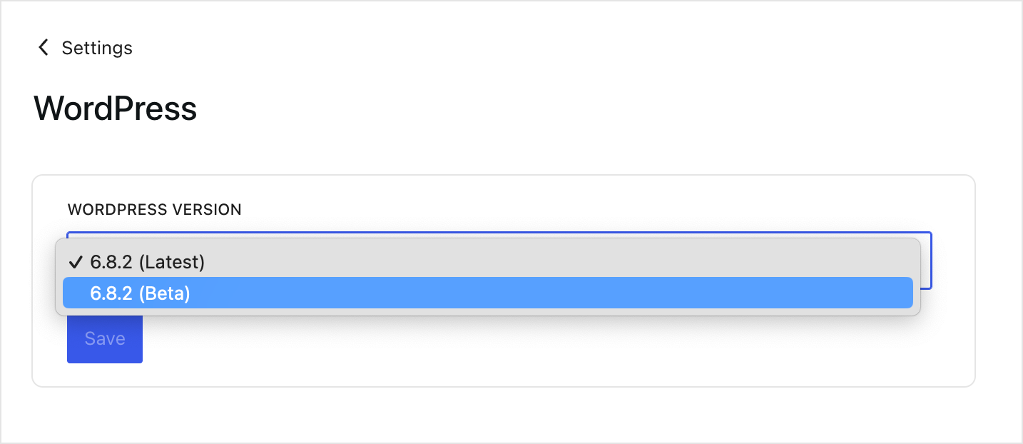 The WordPress version dropdown includes the option to select the latest WordPress beta.