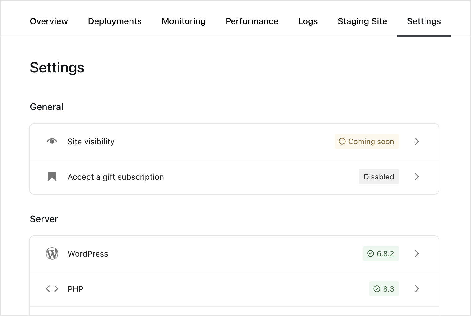 The Server settings in the WordPress.com hosting dashboard.