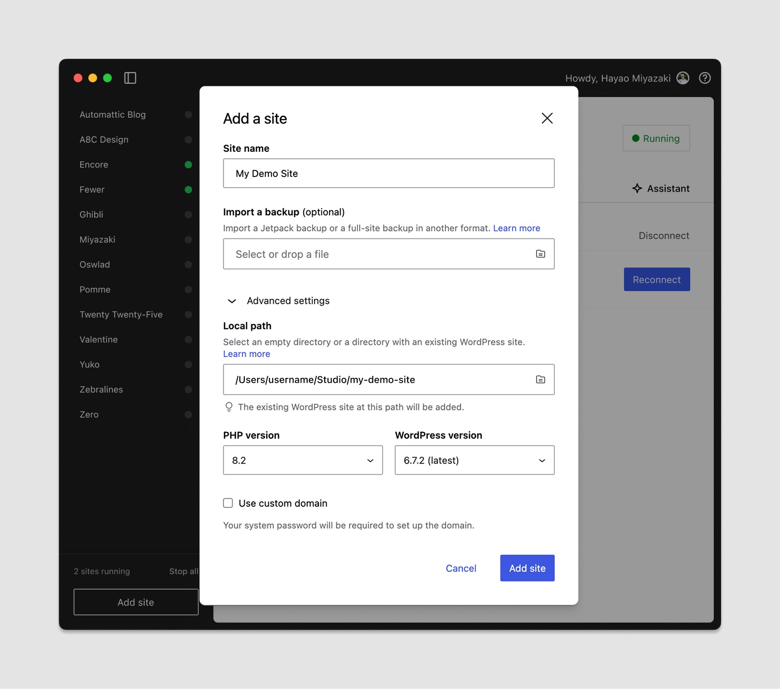 The add site window in WordPress Studio showing drop-down menus for PHP and WordPress versions
