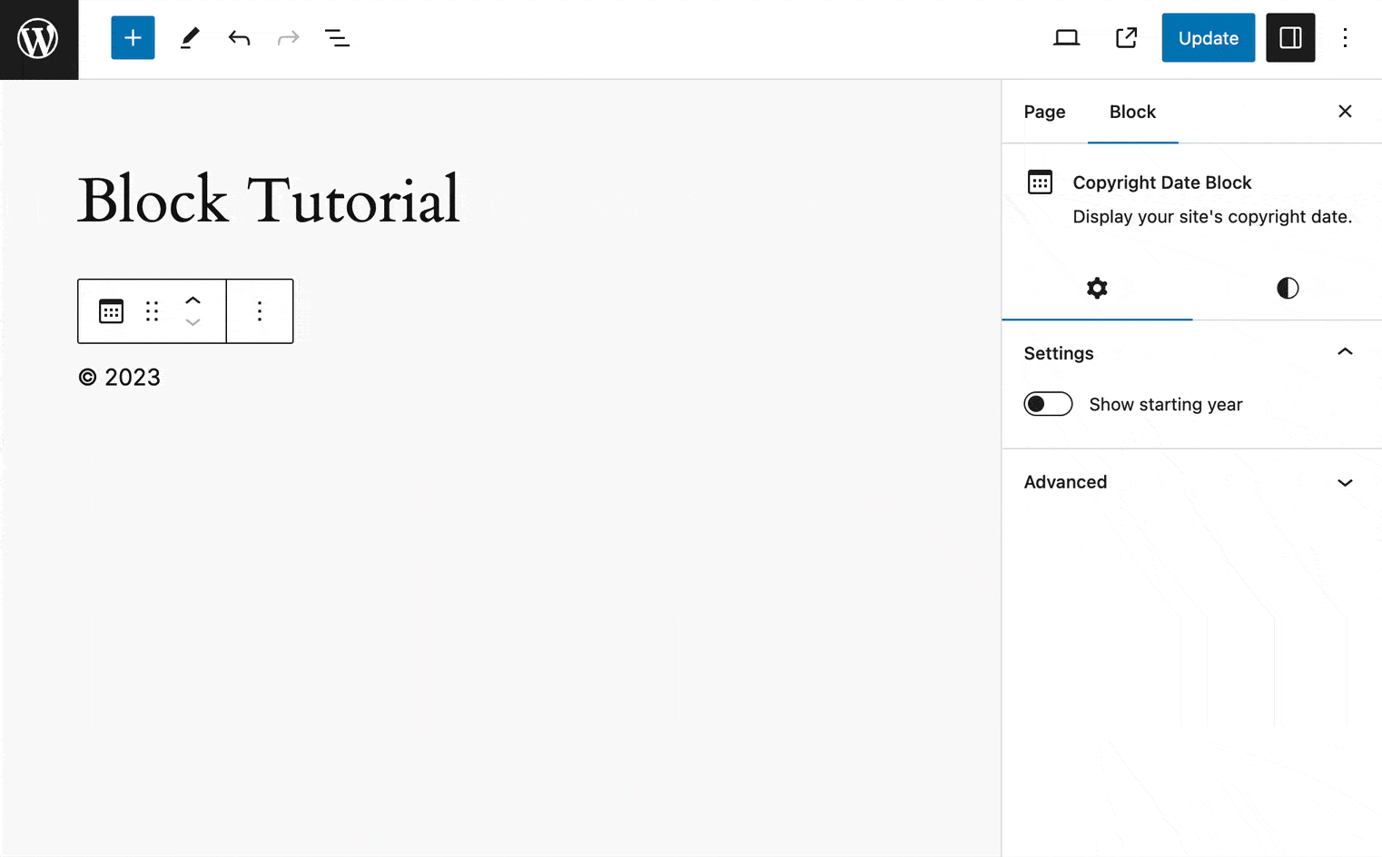 設定サイドバーの Staring Year トグルの編集の様子
