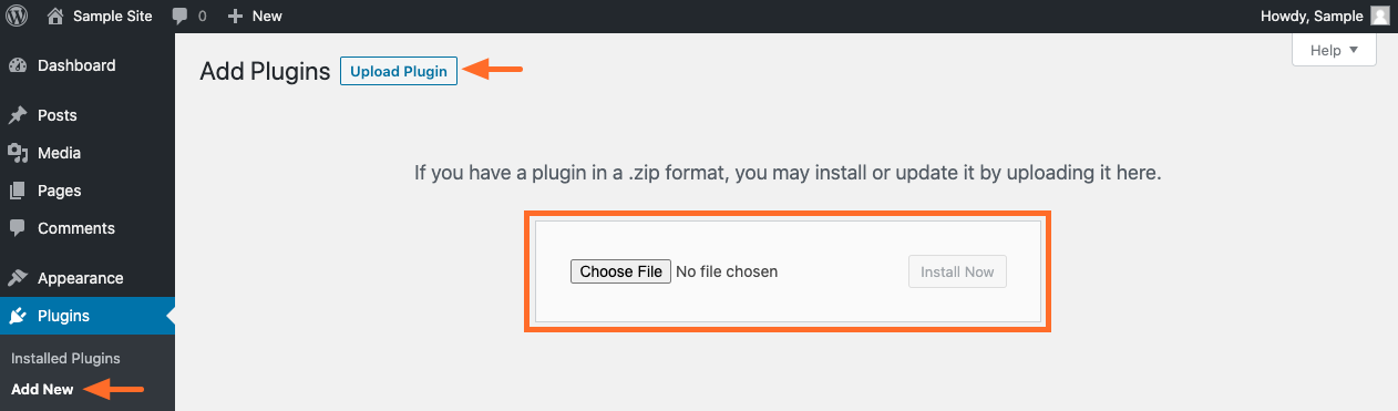 Upload the plugin zip file in the dashboard